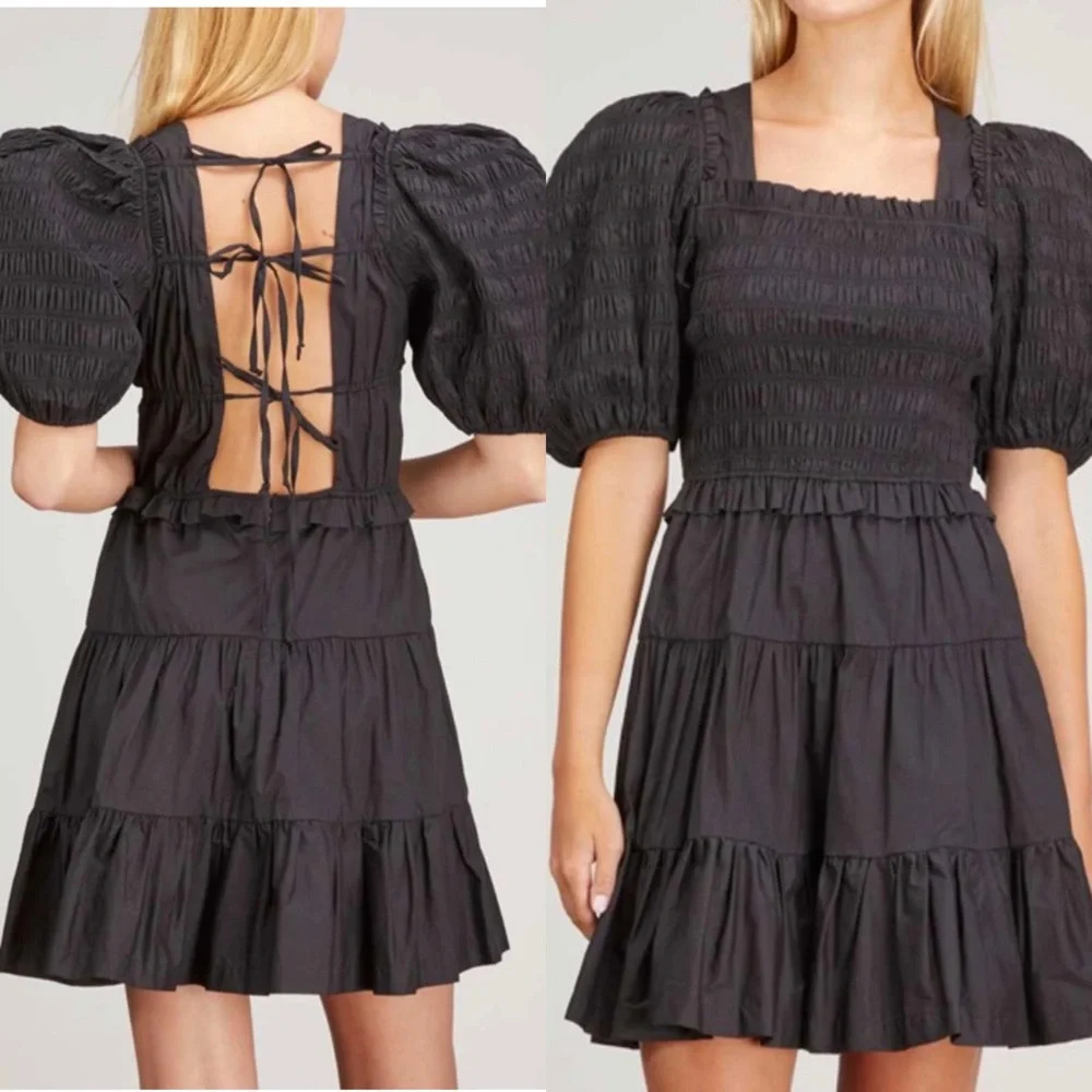 NWT Sea New York Sloane Puff Sleeve Smocked Dress in Black Size Small $375